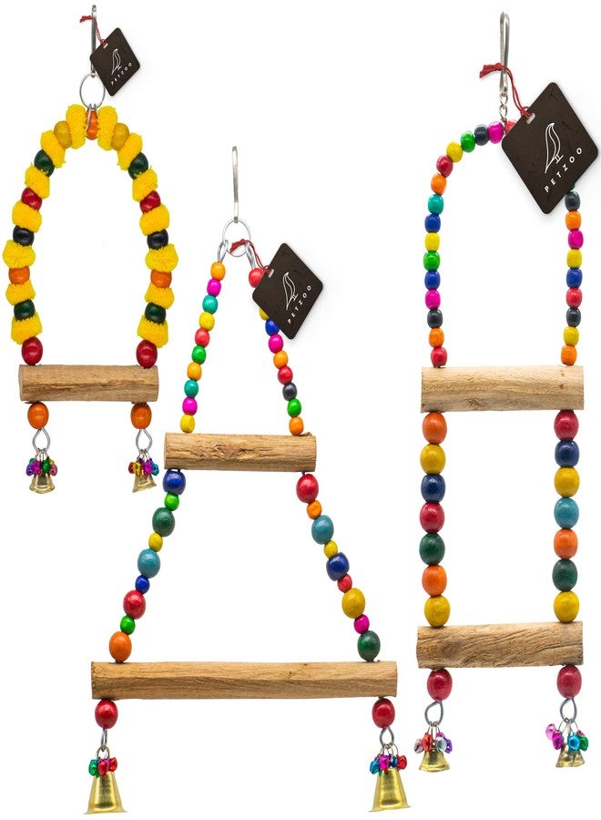 PETZOO Bundle of 3 Multicolor Natural Wooden 2-Storey Bird Perches Toys Resting Toy Chew Toy for Your Birds, Parrots, Finches, African Gray, Conure Activity - Image 1